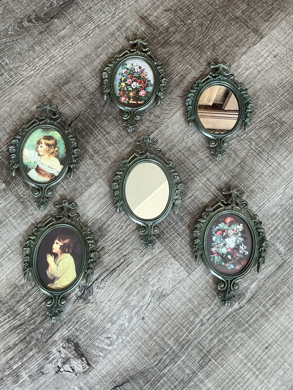 6 Italian Ornate Metal Framed Wall Set Vintage Mirrored Floral Print Design!